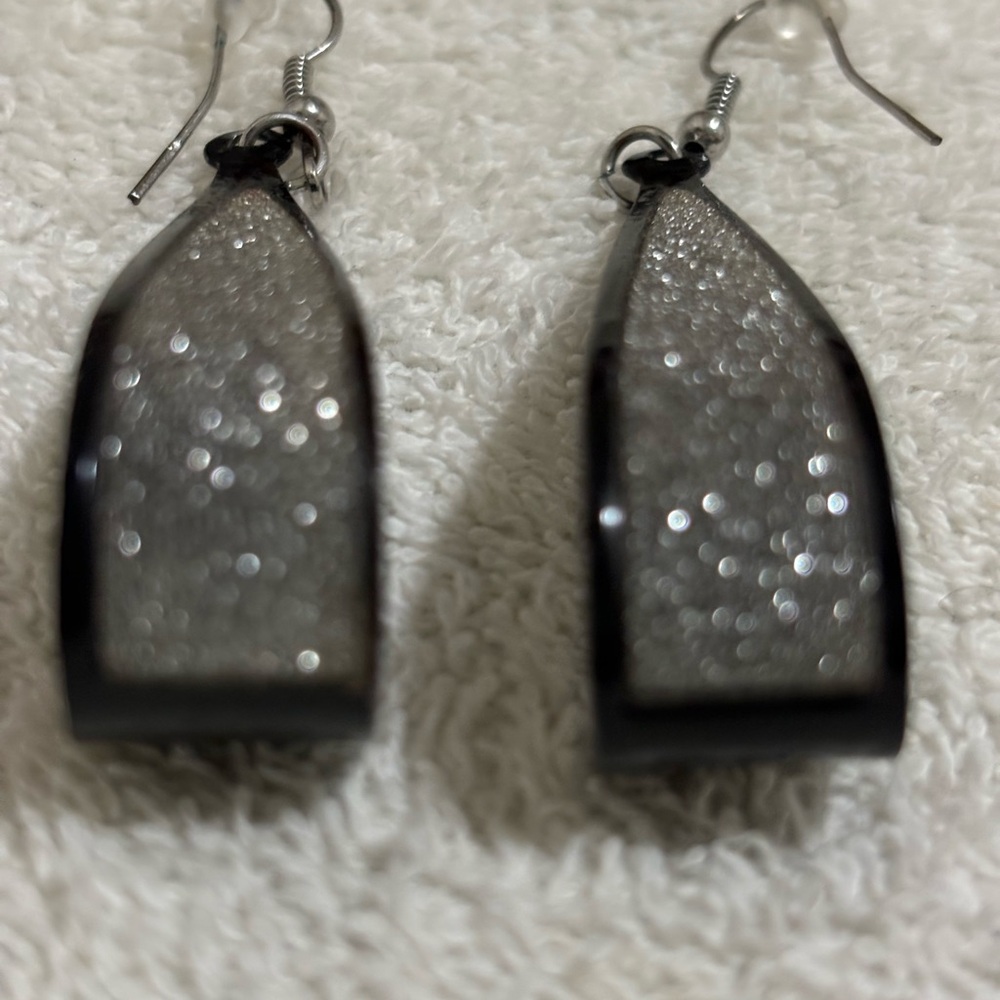 Scoop Earrings 2.75" with Silver Glitter Women's Black - Picture 7 of 12